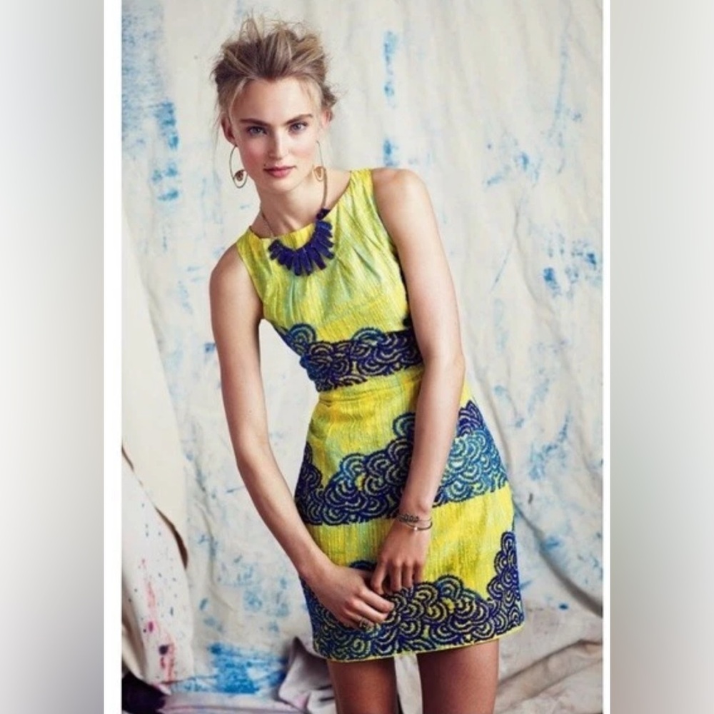 Anthropologie Tabitha Women’s Azure Scroll Mini Dress Embroidered Sheath Size 4